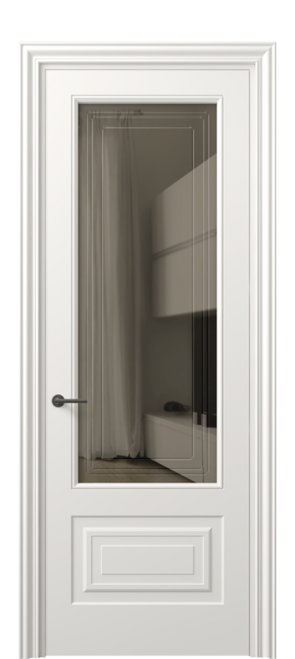 Межкомнатная дверь Mascot 8442 Матовый пудровый белый Прозрачное бронзовое стекло с гравировкой "Грани", триплекс Цена 69959 ₽ | Volhovec