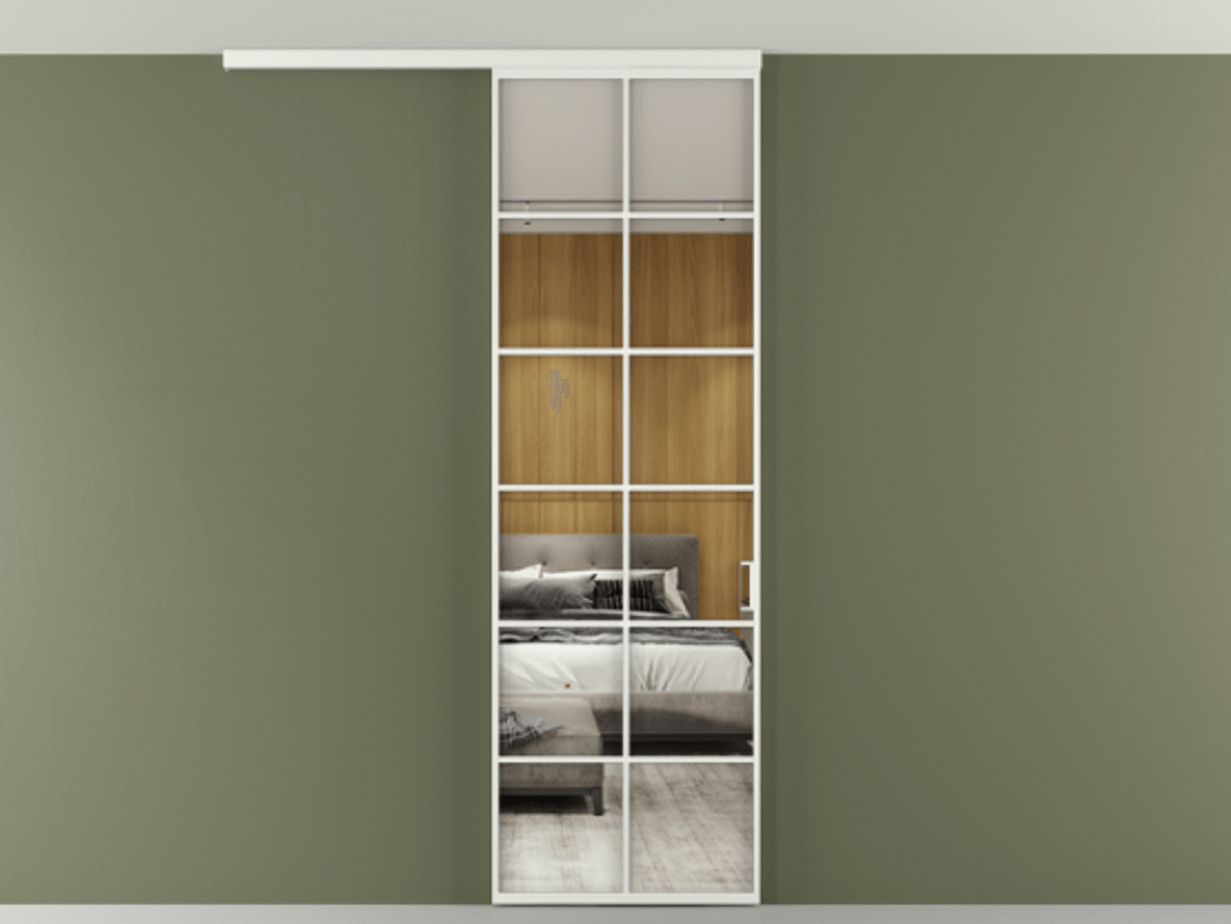 Перегородка Формато вдоль стены на потолок 1 створка АЛПР 040.05 Алюминий светло-серый Двустороннее зеркало, триплекс , триплекс 6 мм Цена 107852 ₽ | Volhovec