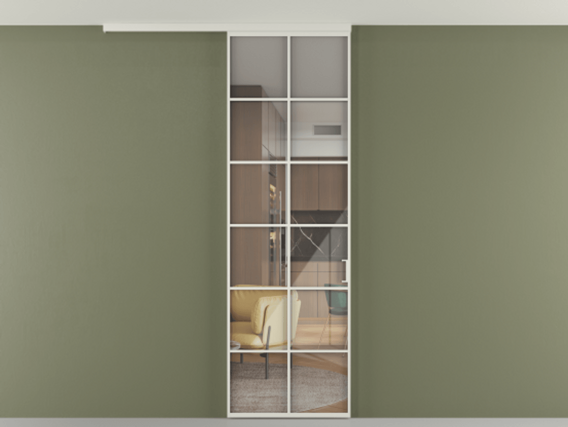 Перегородка Формато вдоль стены на потолок 1 створка АЛПР 040.05 Алюминий Белый Рефлективное прозрачное стекло "Стопсол", калёное Цена 110032 ₽ | Volhovec