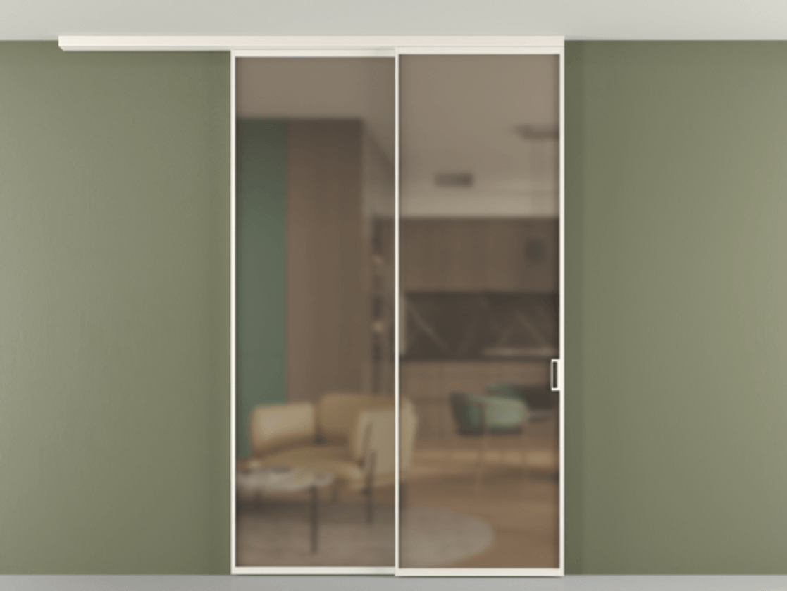 Перегородка Формато вдоль стены на потолок 2 створки с синхронным механизмом АЛПР 040.01 Алюминий пудровый белый Сатинированное бронзовое стекло, триплекс Цена 268472 ₽ | Volhovec