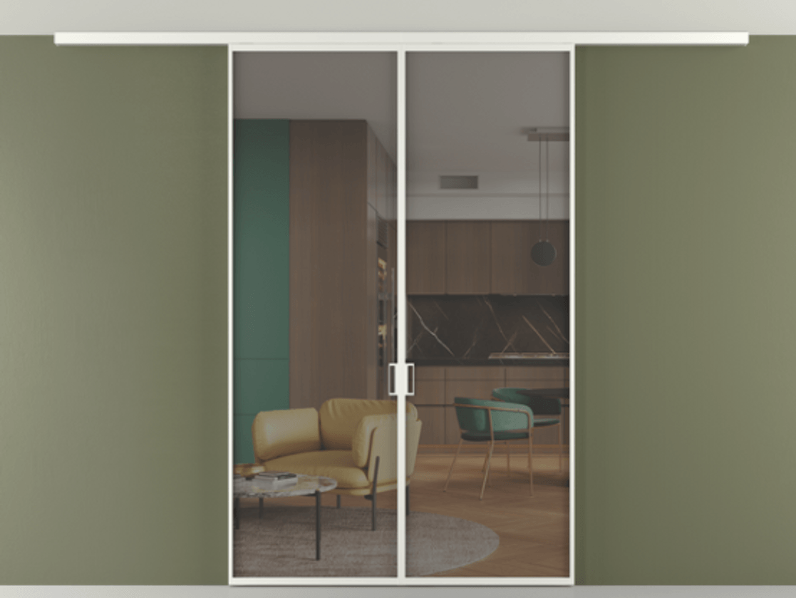 Перегородка Формато вдоль стены на потолок 2 створки АЛПР 040.01 Алюминий светло-серый Прозрачное серое стекло, триплекс Цена 185372 ₽ | Volhovec