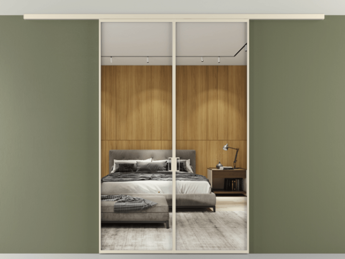 Перегородка Формато вдоль стены на потолок 2 створки АЛПР 040.01 Алюминий бежево-серый Двустороннее зеркало, триплекс , триплекс 6 мм Цена 185372 ₽ | Volhovec