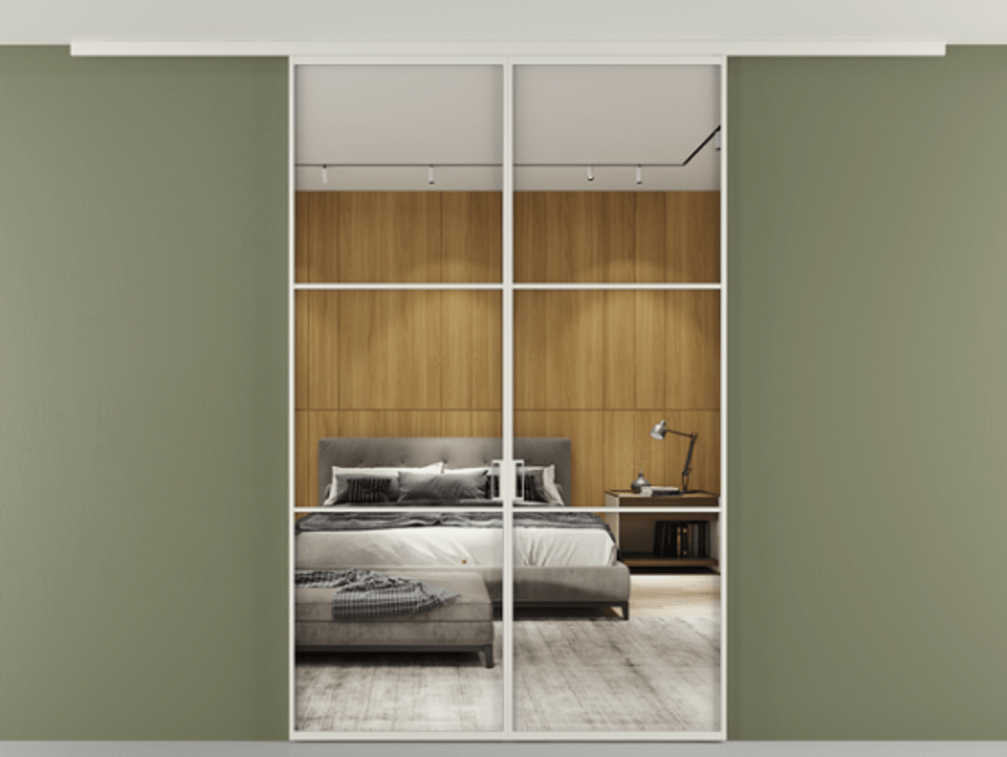 Перегородка Формато вдоль стены на потолок 2 створки АЛПР 040.03 Алюминий Белый Двустороннее зеркало, триплекс , триплекс 6 мм Цена 187440 ₽ | Volhovec