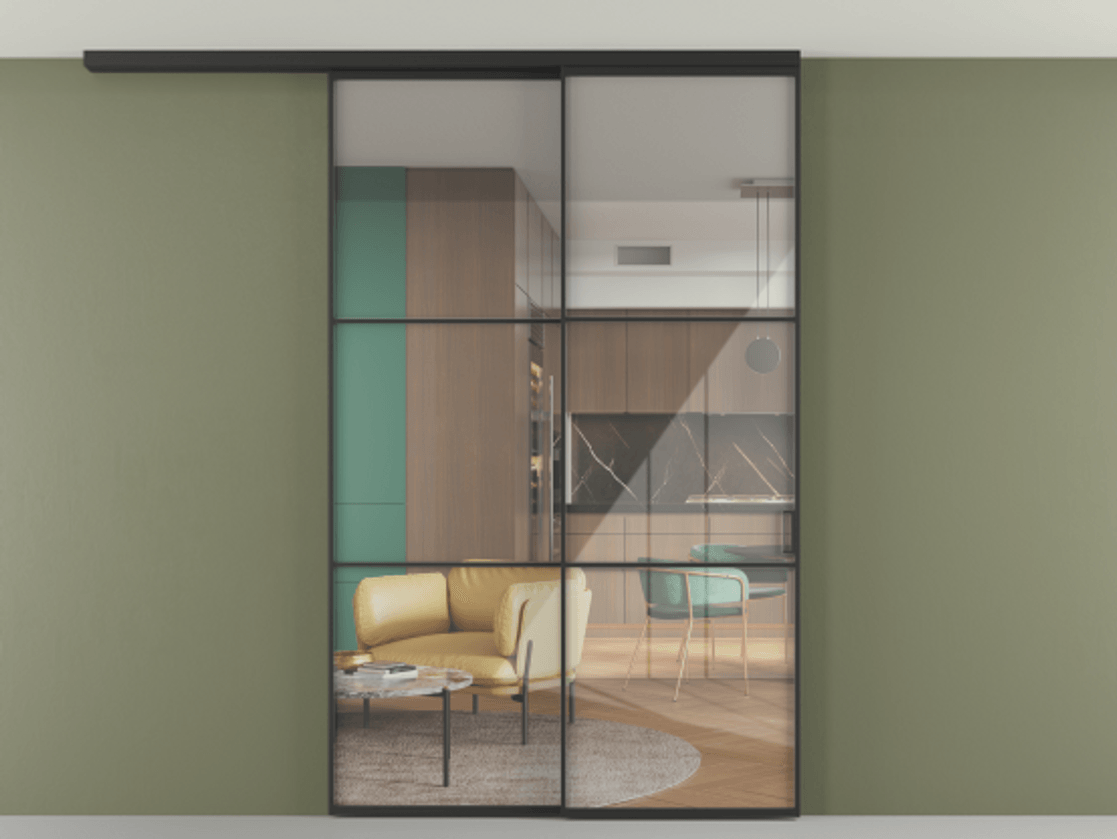 Перегородка Формато вдоль стены на потолок 2 створки с синхронным механизмом АЛПР 040.03 Алюминий Черный Рефлективное прозрачное стекло "Стопсол", калёное Цена 277440 ₽ | Volhovec