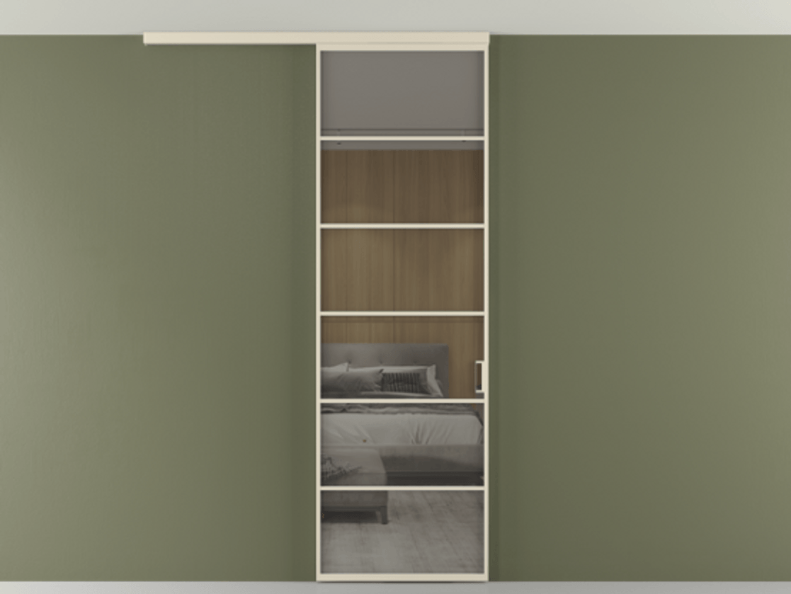 Перегородка Формато вдоль стены на потолок 1 створка АЛПР 040.04 Алюминий бежево-серый Рефлективное серое стекло "Стопсол", калёное Цена 114252 ₽ | Volhovec