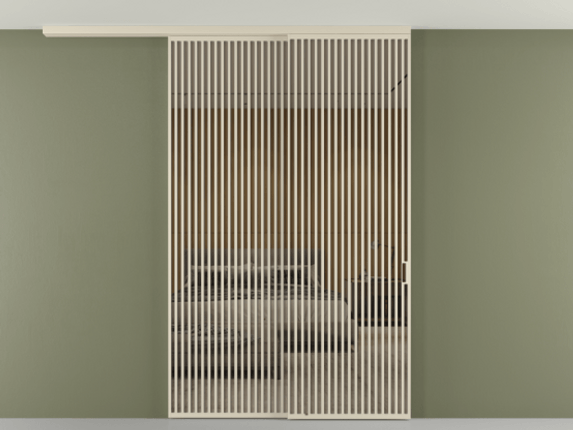 Перегородка Формато вдоль стены на потолок 2 створки с синхронным механизмом АЛПР 040.06 Алюминий бежево-серый Рефлективное бронзовое стекло "Стопсол", калёное Цена 463256 ₽ | Volhovec