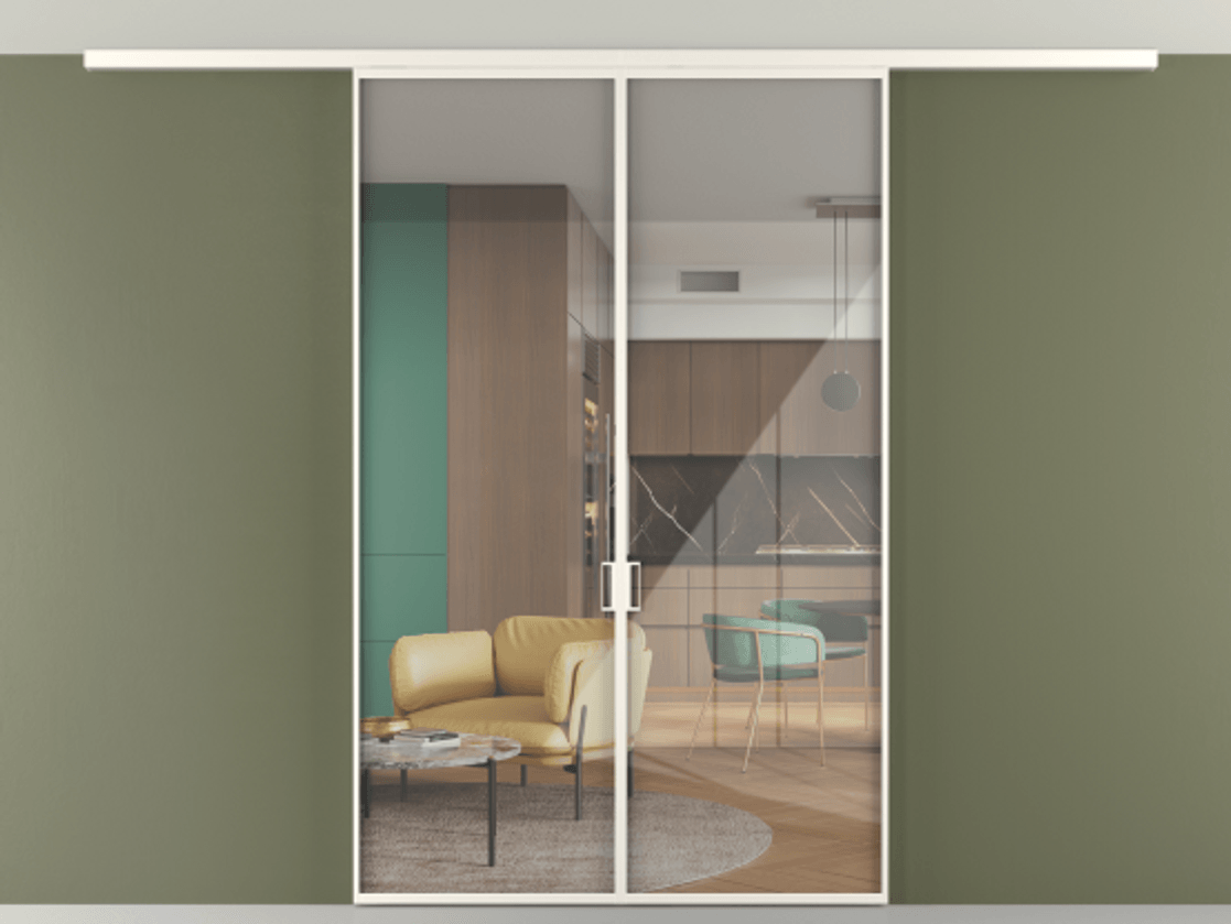 Перегородка Формато вдоль стены на потолок 2 створки АЛПР 040.01 Алюминий пудровый белый Рефлективное прозрачное стекло "Стопсол", калёное Цена 198172 ₽ | Volhovec