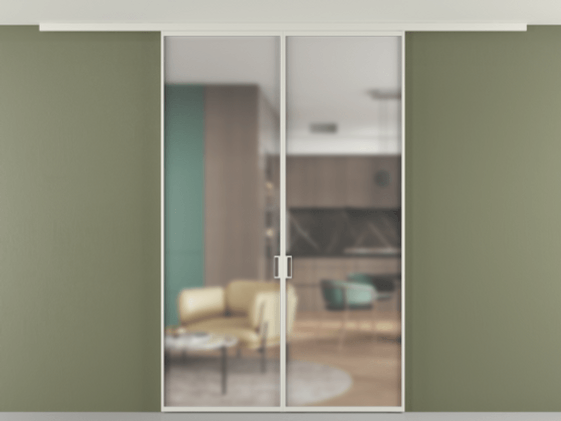 Перегородка Формато вдоль стены на потолок 2 створки АЛПР 040.01 Алюминий Белый Сатинированное стекло "Мателюкс Кристал Вижн", калёное, матовое, каленое 6 мм Цена 191088 ₽ | Volhovec