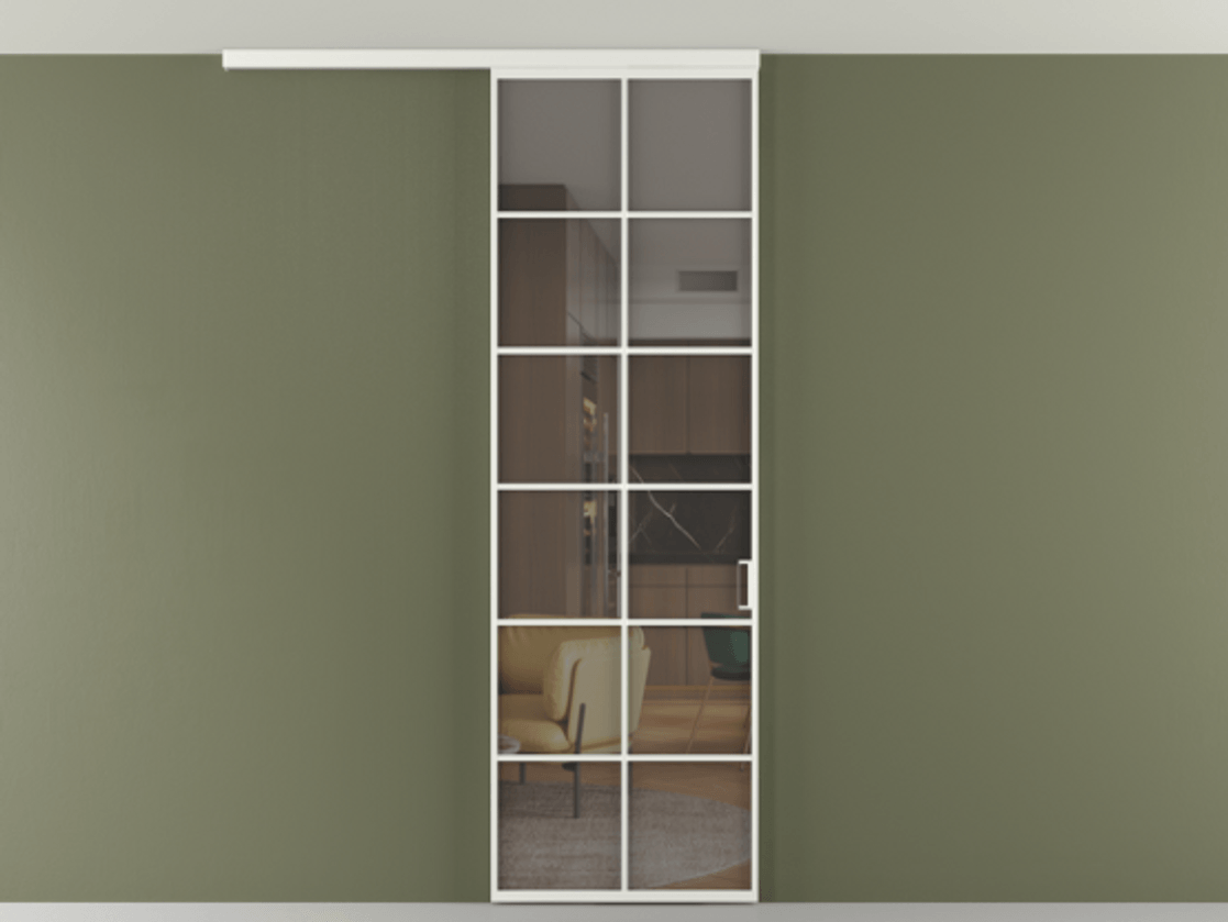 Перегородка Формато вдоль стены на потолок 1 створка АЛПР 040.05 Алюминий светло-серый Прозрачное серое стекло, триплекс Цена 107852 ₽ | Volhovec