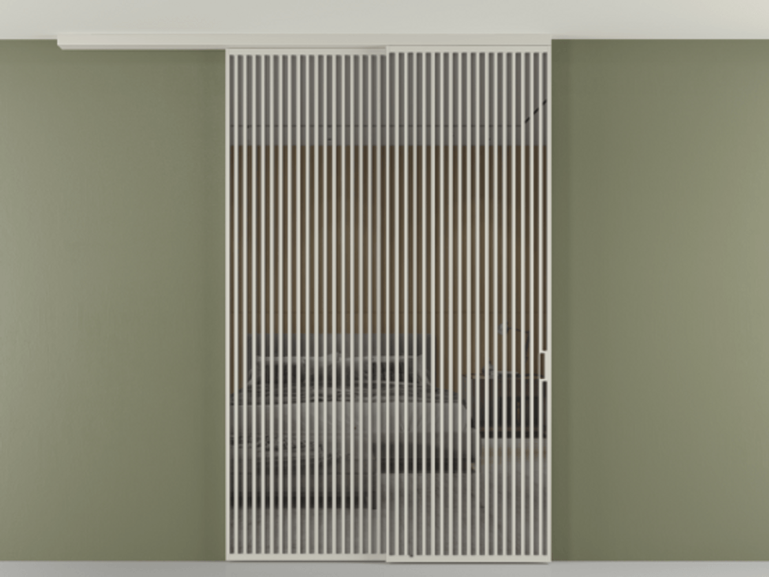 Перегородка Формато вдоль стены на потолок 2 створки с синхронным механизмом АЛПР 040.06 Алюминий тёплый серый Рефлективное серое стекло "Стопсол", калёное Цена 463256 ₽ | Volhovec