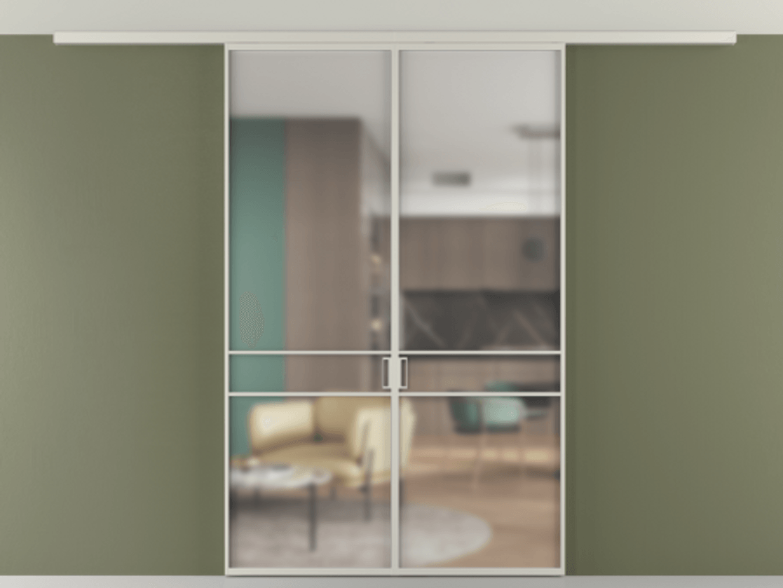 Перегородка Формато вдоль стены на потолок 2 створки АЛПР 040.02 Алюминий тёплый серый Сатинированное стекло "Мателюкс Кристал Вижн", калёное, матовое, каленое 6 мм Цена 207676 ₽ | Volhovec