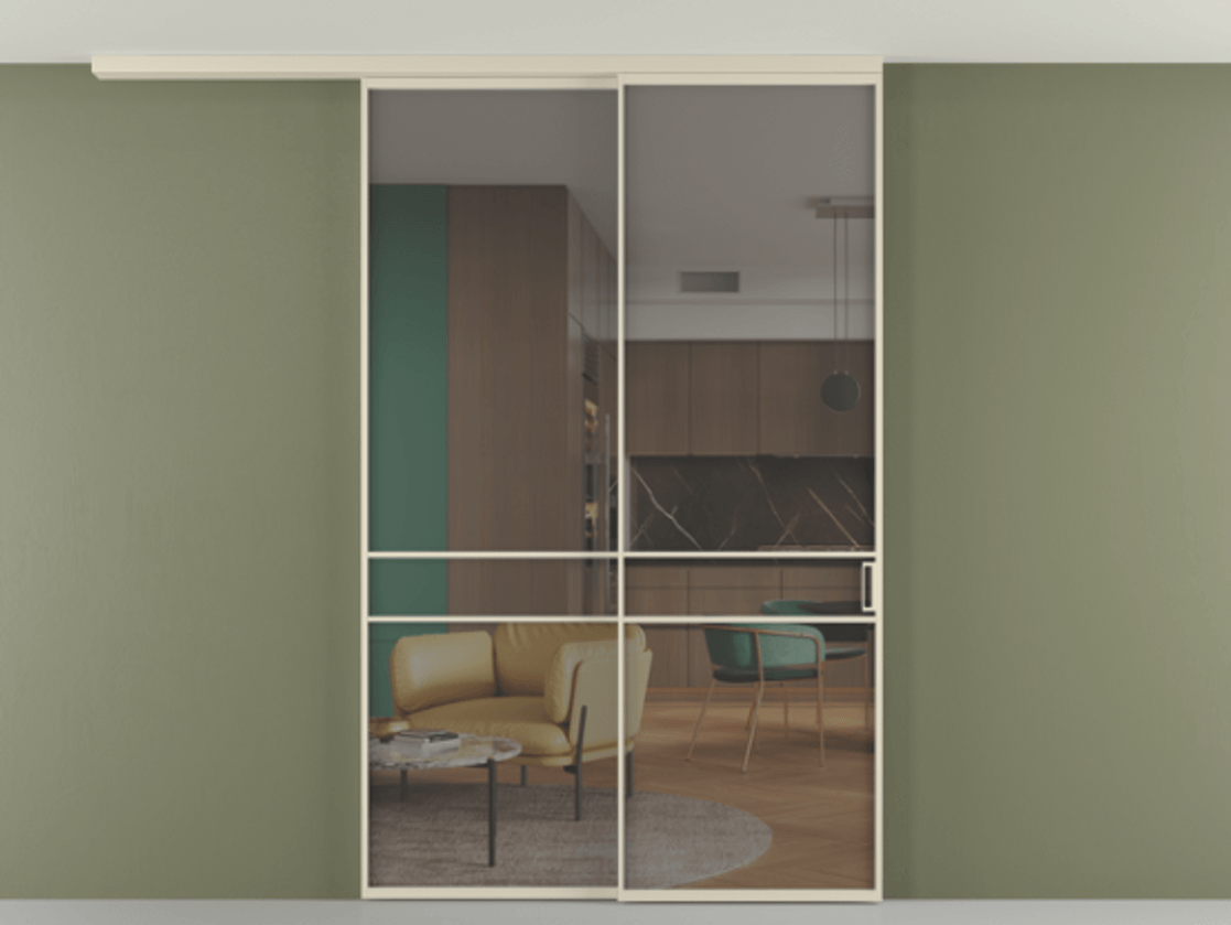 Перегородка Формато вдоль стены на потолок 2 створки с синхронным механизмом АЛПР 040.02 Алюминий бежево-серый Прозрачное серое стекло, триплекс Цена 277976 ₽ | Volhovec