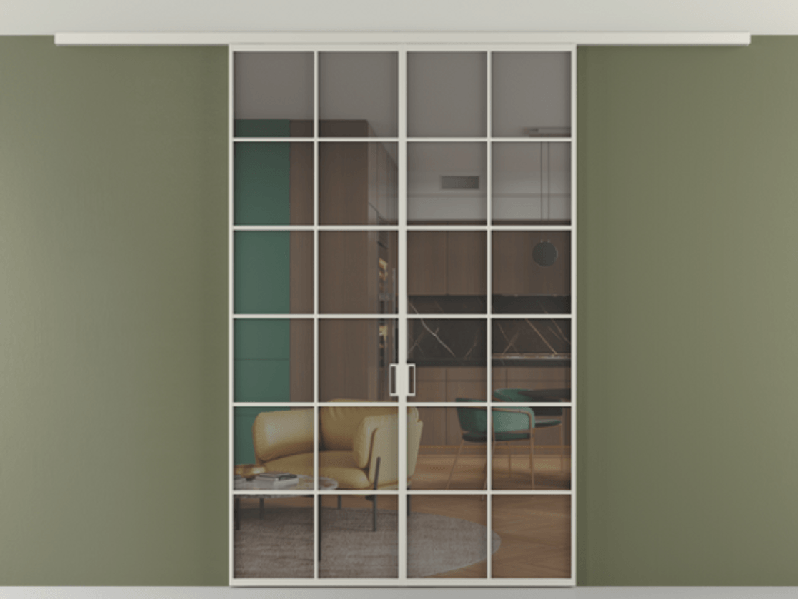 Перегородка Формато вдоль стены на потолок 2 створки АЛПР 040.05 Алюминий тёплый серый Прозрачное серое стекло, триплекс Цена 208604 ₽ | Volhovec