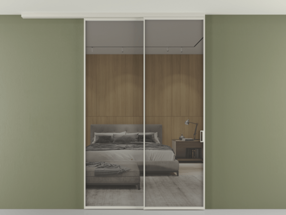 Перегородка Формато вдоль стены на потолок 2 створки с синхронным механизмом АЛПР 040.01 Алюминий тёплый серый Рефлективное серое стекло "Стопсол", калёное Цена 281272 ₽ | Volhovec