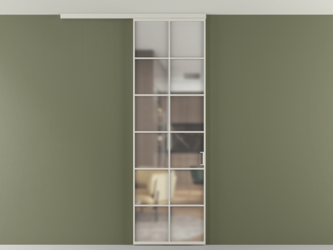 Перегородка Формато вдоль стены на потолок 1 створка АЛПР 040.05 Алюминий тёплый серый Сатинированное стекло "Мателюкс Кристал Вижн", калёное, матовое, каленое 6 мм Цена 114252 ₽ | Volhovec