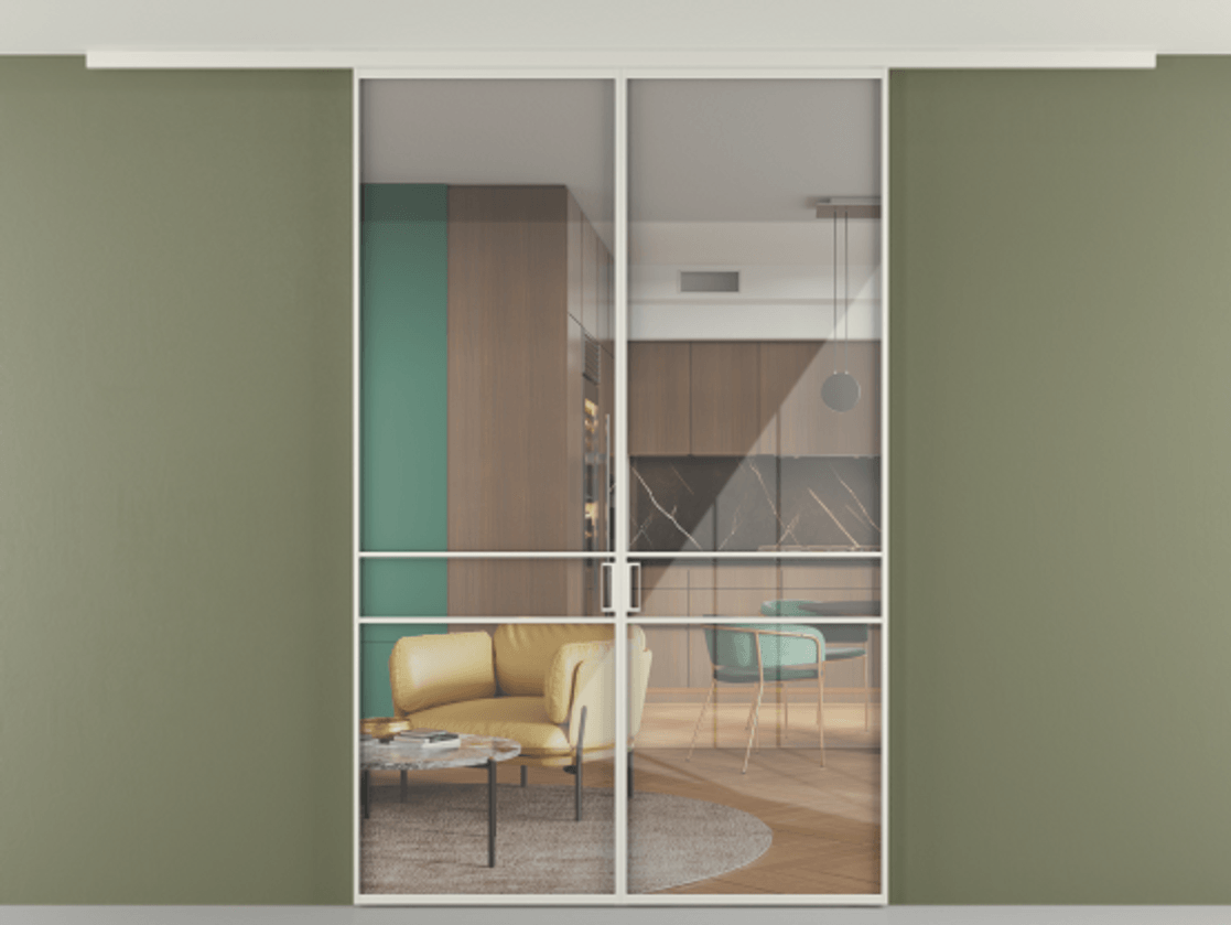 Перегородка Формато вдоль стены на потолок 2 створки АЛПР 040.02 Алюминий Белый Рефлективное прозрачное стекло "Стопсол", калёное Цена 200240 ₽ | Volhovec