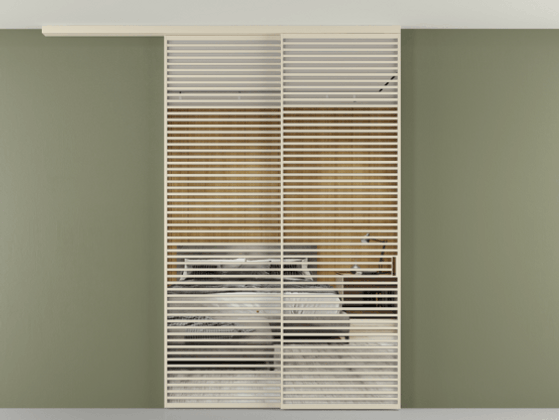 Перегородка Формато вдоль стены на потолок 2 створки с синхронным механизмом АЛПР 040.07 Алюминий бежево-серый Двустороннее зеркало, триплекс , триплекс 6 мм Цена 450456 ₽ | Volhovec