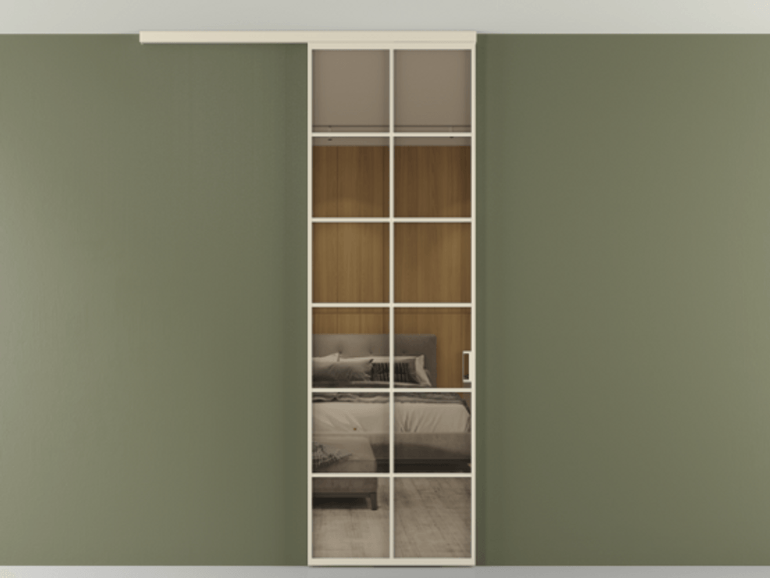 Перегородка Формато вдоль стены на потолок 1 створка АЛПР 040.05 Алюминий бежево-серый Рефлективное бронзовое стекло "Стопсол", калёное Цена 114252 ₽ | Volhovec