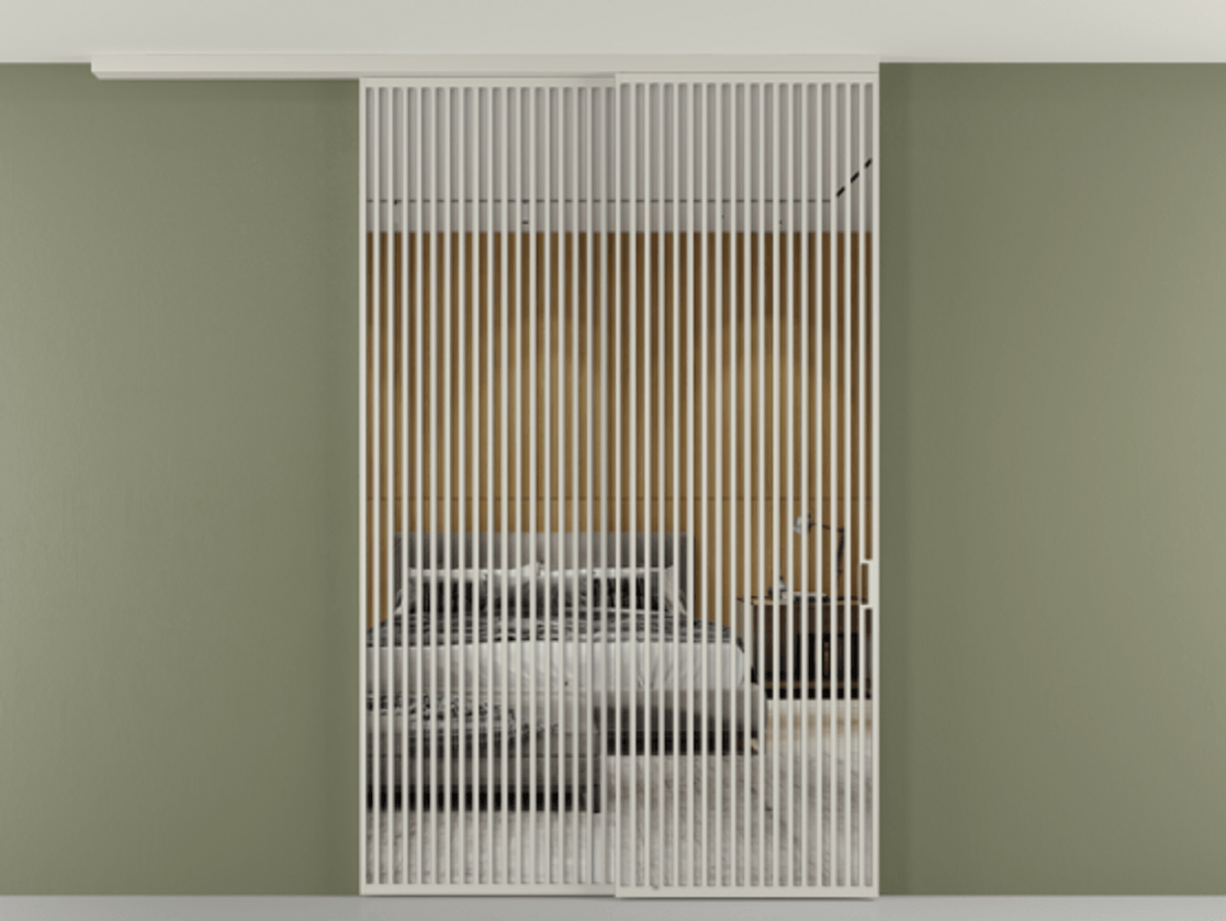 Перегородка Формато вдоль стены на потолок 2 створки с синхронным механизмом АЛПР 040.06 Алюминий тёплый серый Двустороннее зеркало, триплекс , триплекс 6 мм Цена 450456 ₽ | Volhovec