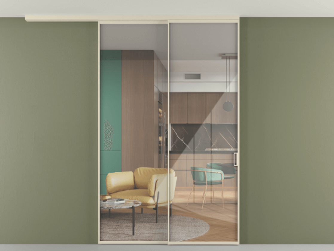 Перегородка Формато вдоль стены на потолок 2 створки с синхронным механизмом АЛПР 040.01 Алюминий бежево-серый Рефлективное прозрачное стекло "Стопсол", калёное Цена 281272 ₽ | Volhovec