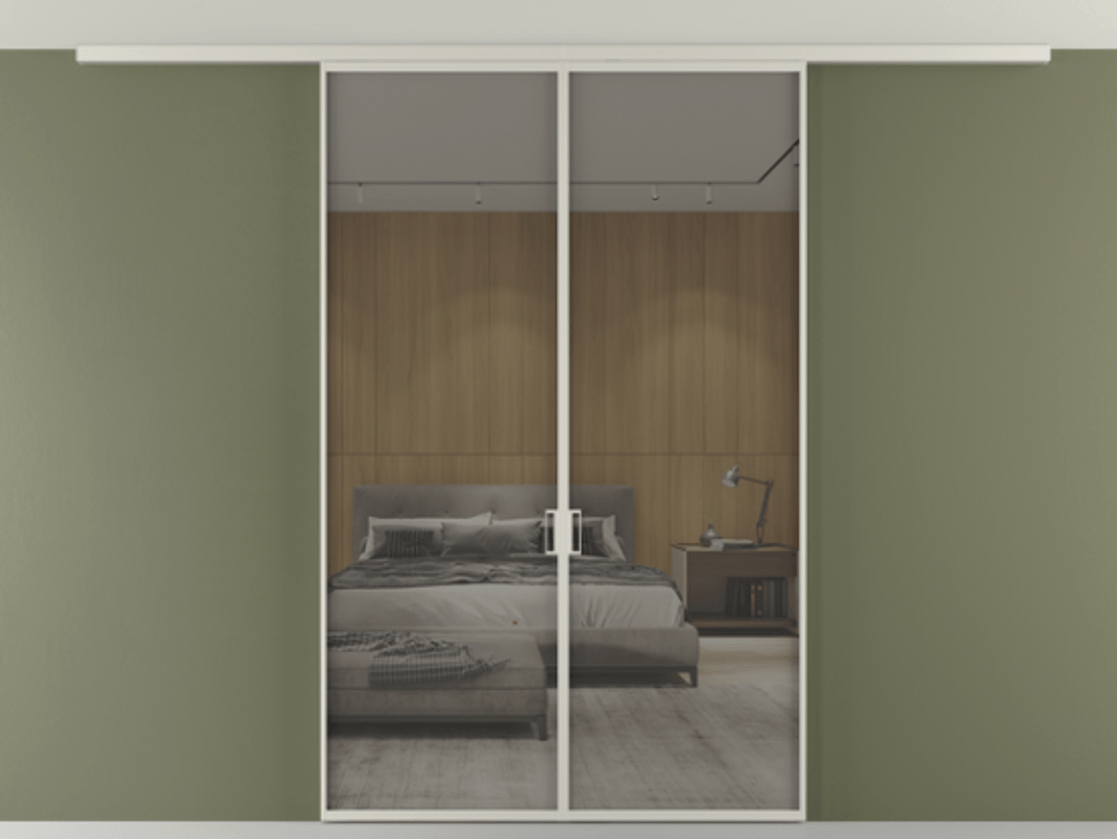 Перегородка Формато вдоль стены на потолок 2 створки АЛПР 040.01 Алюминий тёплый серый Рефлективное серое стекло "Стопсол", калёное Цена 198172 ₽ | Volhovec