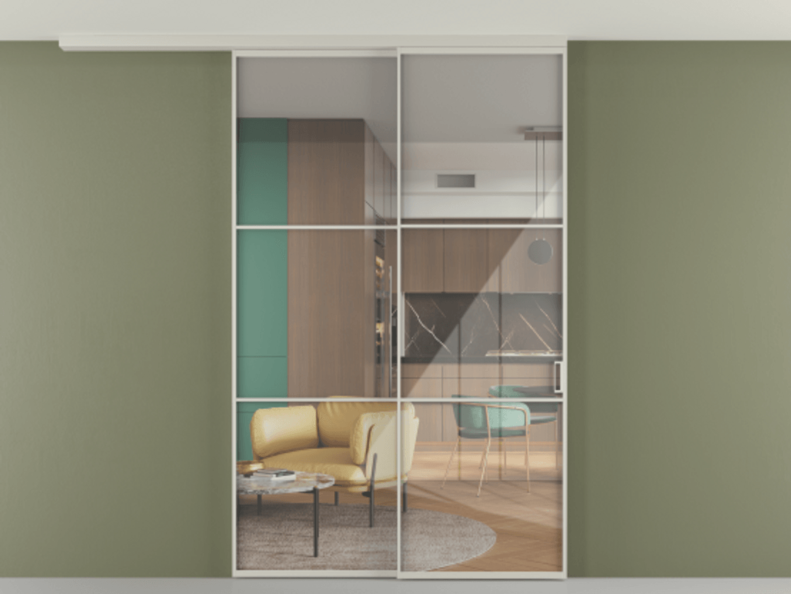 Перегородка Формато вдоль стены на потолок 2 створки с синхронным механизмом АЛПР 040.03 Алюминий тёплый серый Рефлективное прозрачное стекло "Стопсол", калёное Цена 290776 ₽ | Volhovec