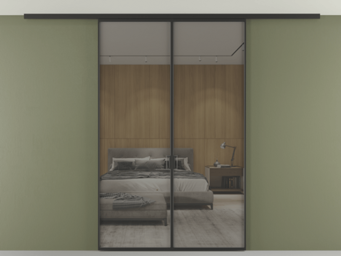 Перегородка Формато вдоль стены на потолок 2 створки АЛПР 040.01 Алюминий Черный Рефлективное серое стекло "Стопсол", калёное Цена 191088 ₽ | Volhovec