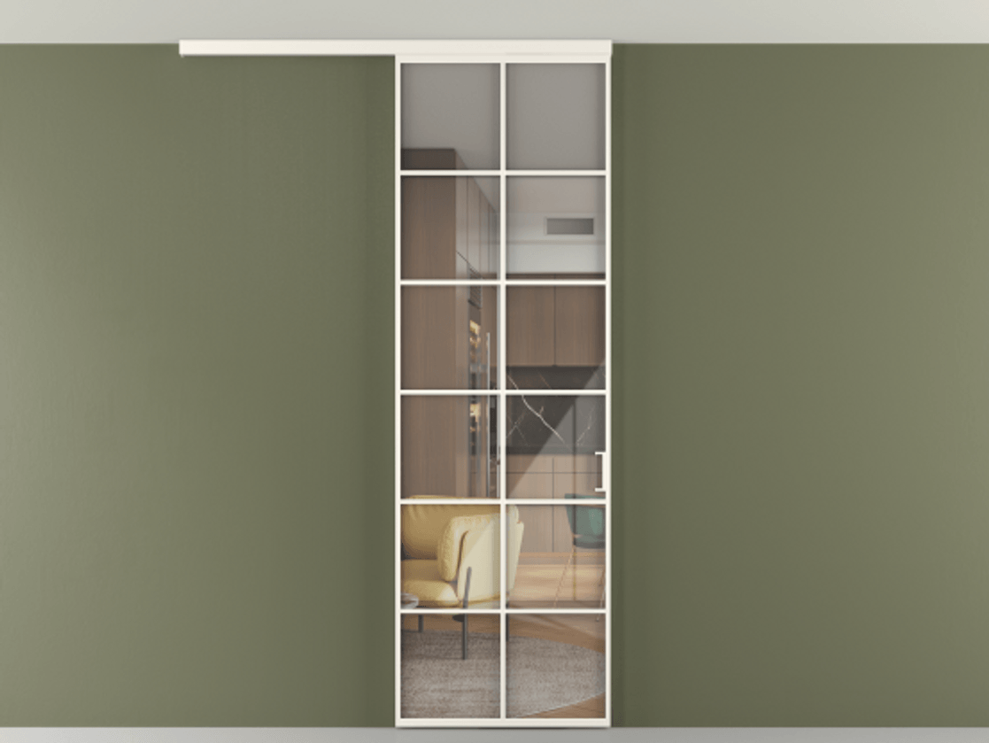 Перегородка Формато вдоль стены на потолок 1 створка АЛПР 040.05 Алюминий пудровый белый Рефлективное прозрачное стекло "Стопсол", калёное Цена 114252 ₽ | Volhovec