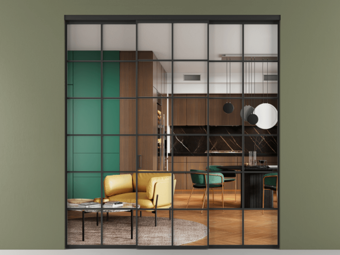 Перегородка Формато внутри проёма 3 створки АЛПР 040.05 Алюминий Черный Прозрачное стекло "Кристал Вижн", калёное Цена 289440 ₽ | Volhovec