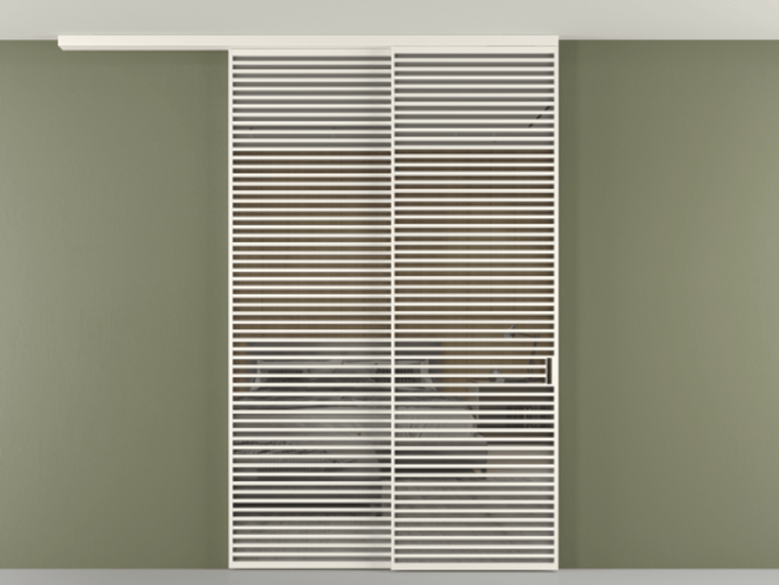 Перегородка Формато вдоль стены на потолок 2 створки с синхронным механизмом АЛПР 040.07 Алюминий пудровый белый Рефлективное серое стекло "Стопсол", калёное Цена 463256 ₽ | Volhovec