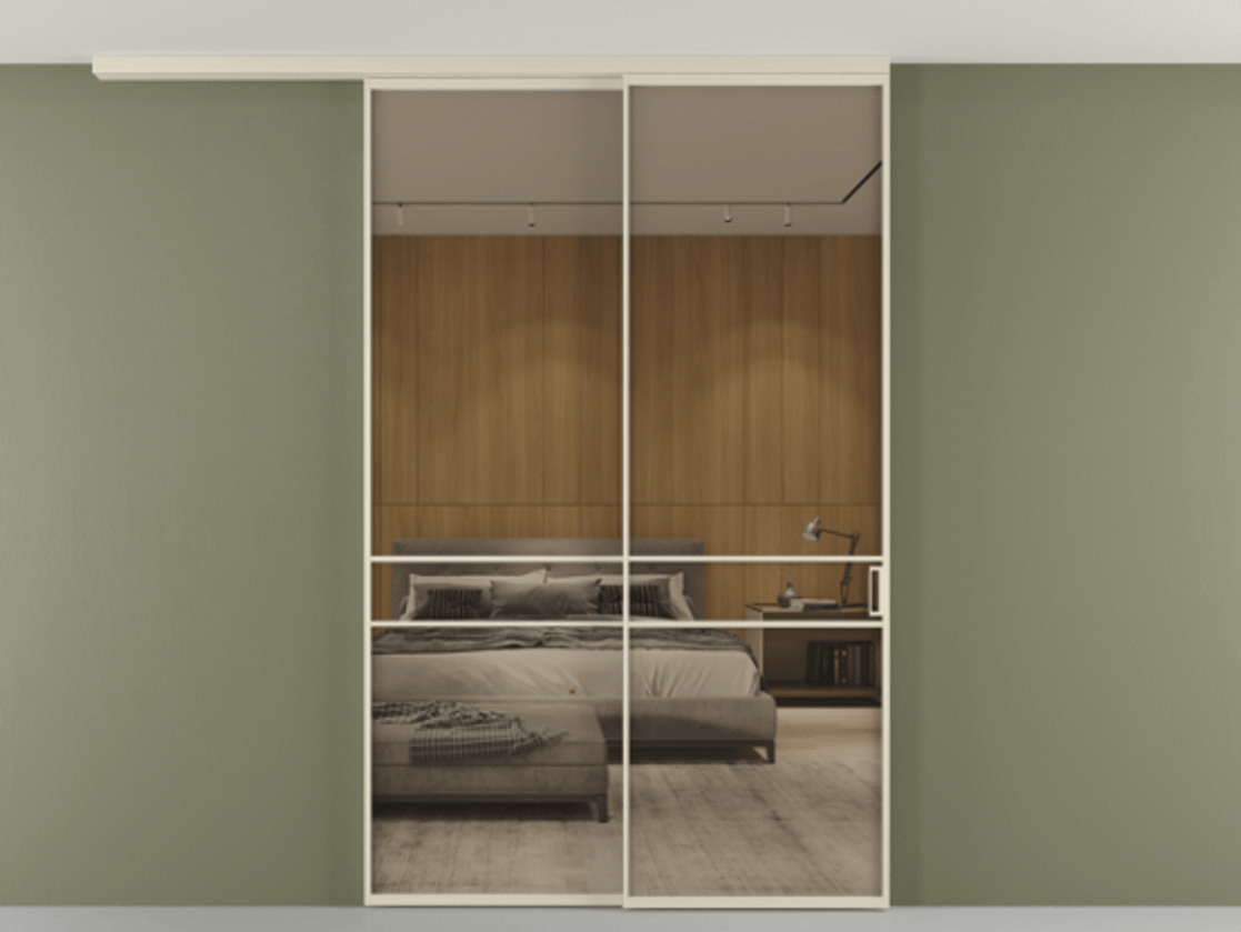 Перегородка Формато вдоль стены на потолок 2 створки с синхронным механизмом АЛПР 040.02 Алюминий бежево-серый Рефлективное бронзовое стекло "Стопсол", калёное Цена 290776 ₽ | Volhovec