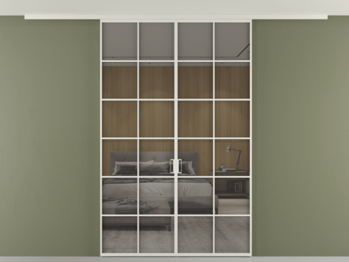 Перегородка Формато вдоль стены на потолок 2 створки АЛПР 040.05 Алюминий Белый Рефлективное серое стекло "Стопсол", калёное Цена 213264 ₽ | Volhovec