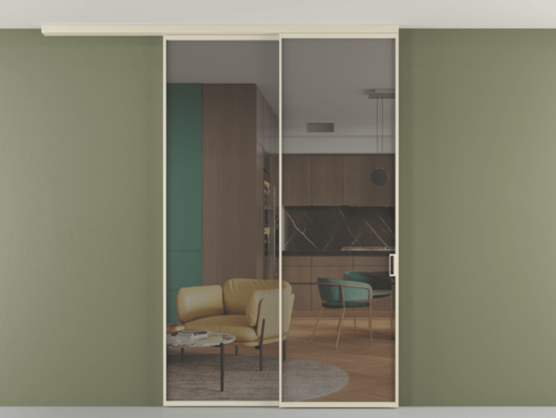 Перегородка Формато вдоль стены на потолок 2 створки с синхронным механизмом АЛПР 040.01 Алюминий бежево-серый Прозрачное серое стекло, триплекс Цена 268472 ₽ | Volhovec