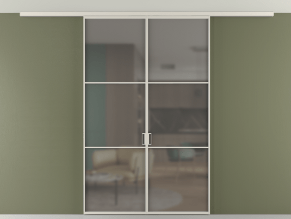 Перегородка Формато вдоль стены на потолок 2 створки АЛПР 040.03 Алюминий облачно-серый Сатинированное серое стекло, триплекс Цена 194876 ₽ | Volhovec