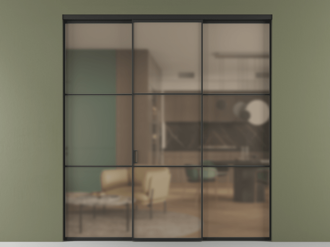 Перегородка Formato внутри проёма трёхстворчатая АЛПР 040.03 Алюминий Черный Сатинированное бронзовое стекло, триплекс Цена 265300 ₽ | Volhovec