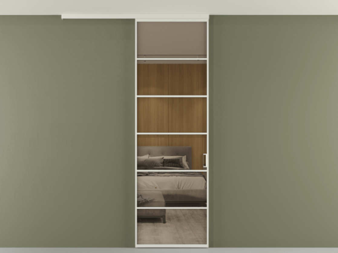 Перегородка Формато вдоль стены на потолок 1 створка АЛПР 040.04 Алюминий Белый Рефлективное бронзовое стекло "Стопсол", калёное Цена 110032 ₽ | Volhovec