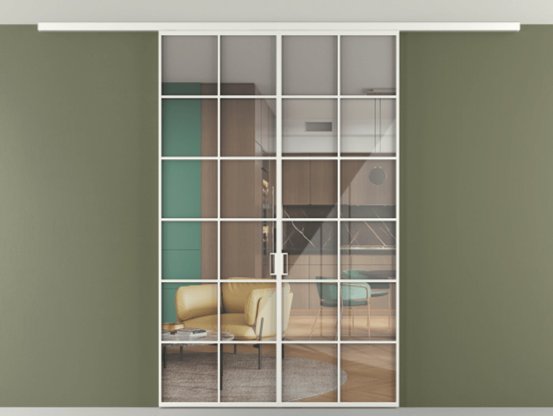 Перегородка Формато вдоль стены на потолок 2 створки АЛПР 040.05 Алюминий светло-серый Рефлективное прозрачное стекло "Стопсол", калёное Цена 221404 ₽ | Volhovec