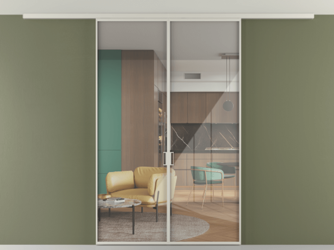 Перегородка Формато вдоль стены на потолок 2 створки АЛПР 040.01 Алюминий тёплый серый Рефлективное прозрачное стекло "Стопсол", калёное Цена 198172 ₽ | Volhovec