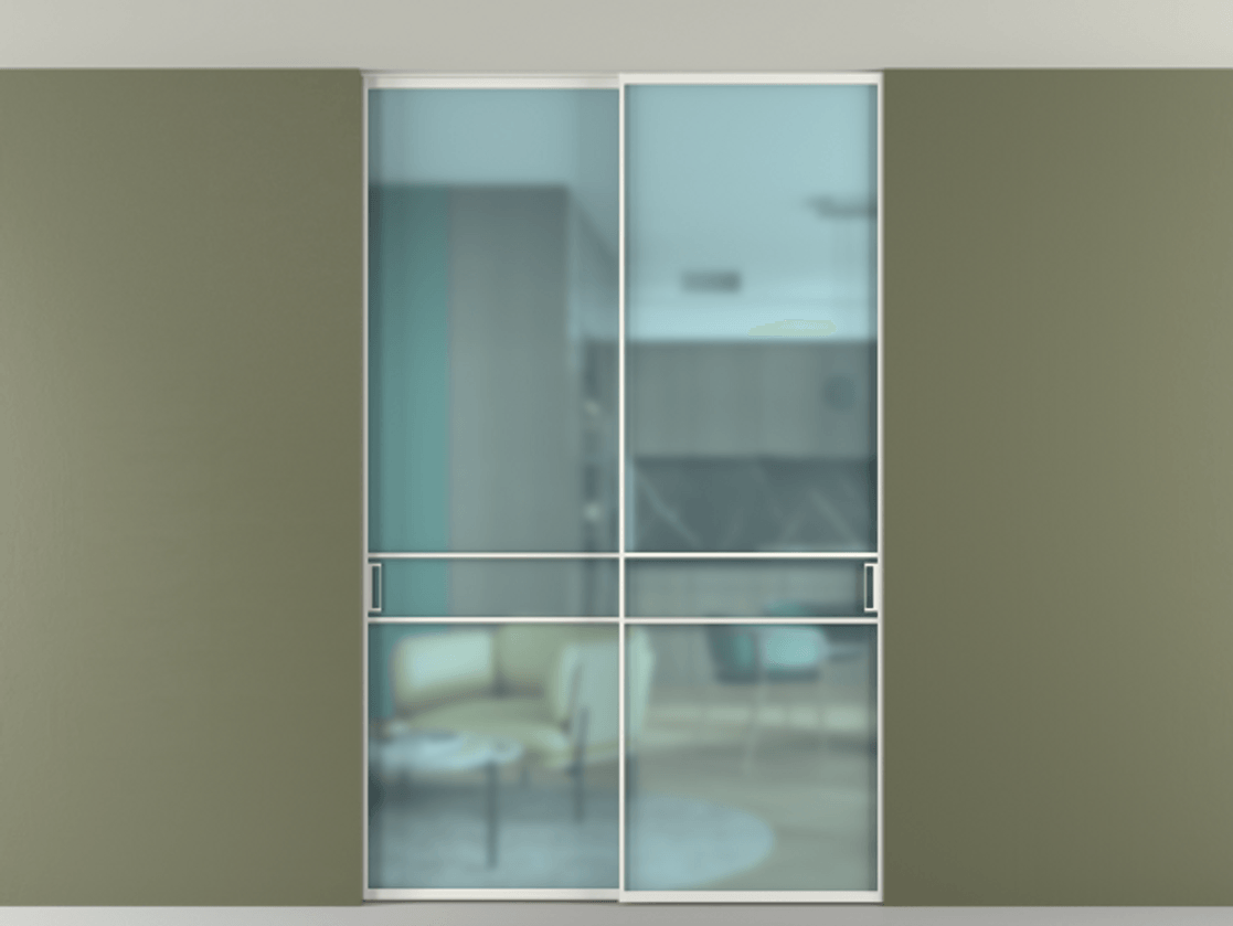 Перегородка Формато внутри проёма скрытое крепление в потолок 2 створки АЛПР 040.02 Алюминий светло-серый Сатинированное голубое стекло, триплекс Цена 289520 ₽ | Volhovec