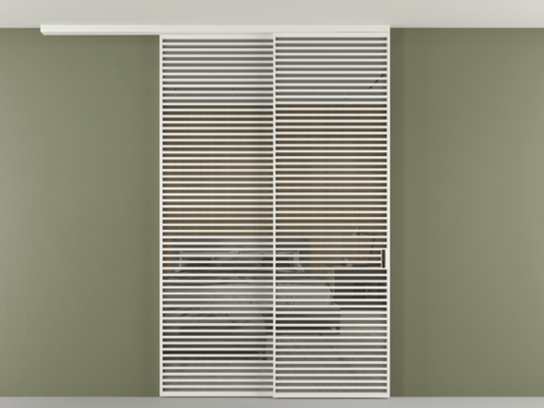 Перегородка Формато вдоль стены на потолок 2 створки с синхронным механизмом АЛПР 040.07 Алюминий светло-серый Рефлективное серое стекло "Стопсол", калёное Цена 463256 ₽ | Volhovec