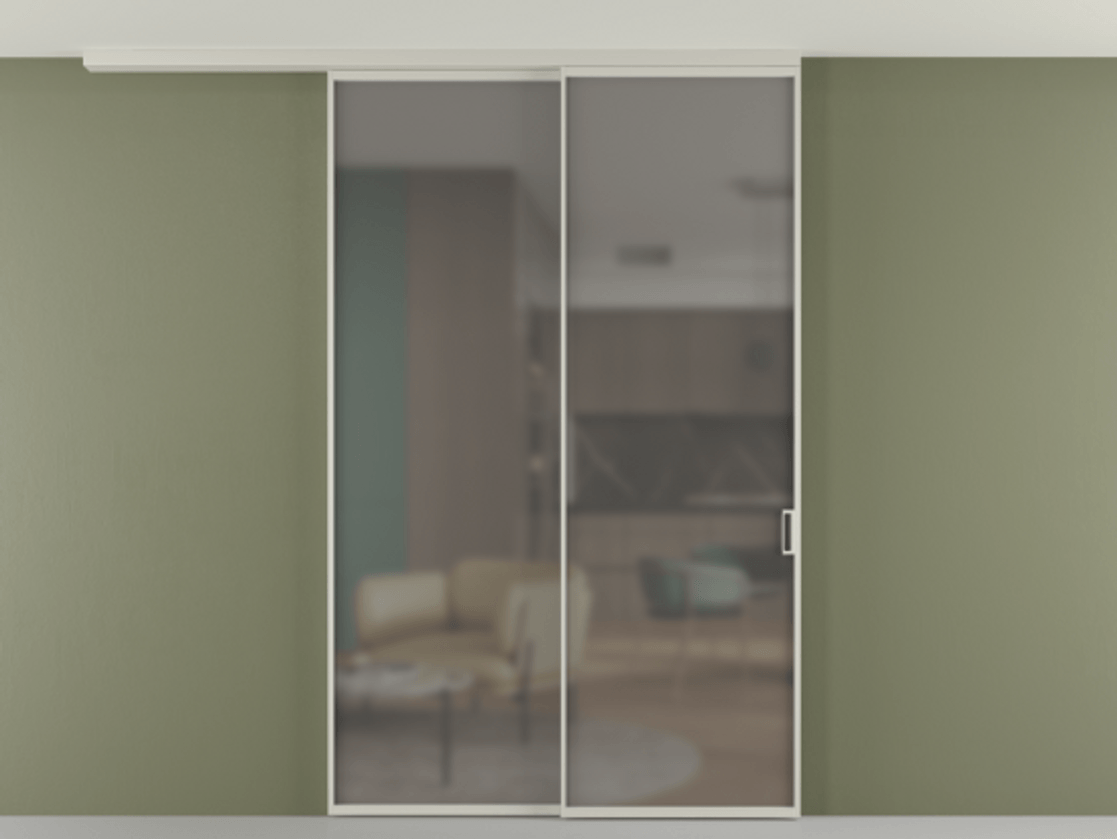 Перегородка Формато вдоль стены на потолок 2 створки с синхронным механизмом АЛПР 040.01 Алюминий тёплый серый Сатинированное серое стекло, триплекс Цена 268472 ₽ | Volhovec