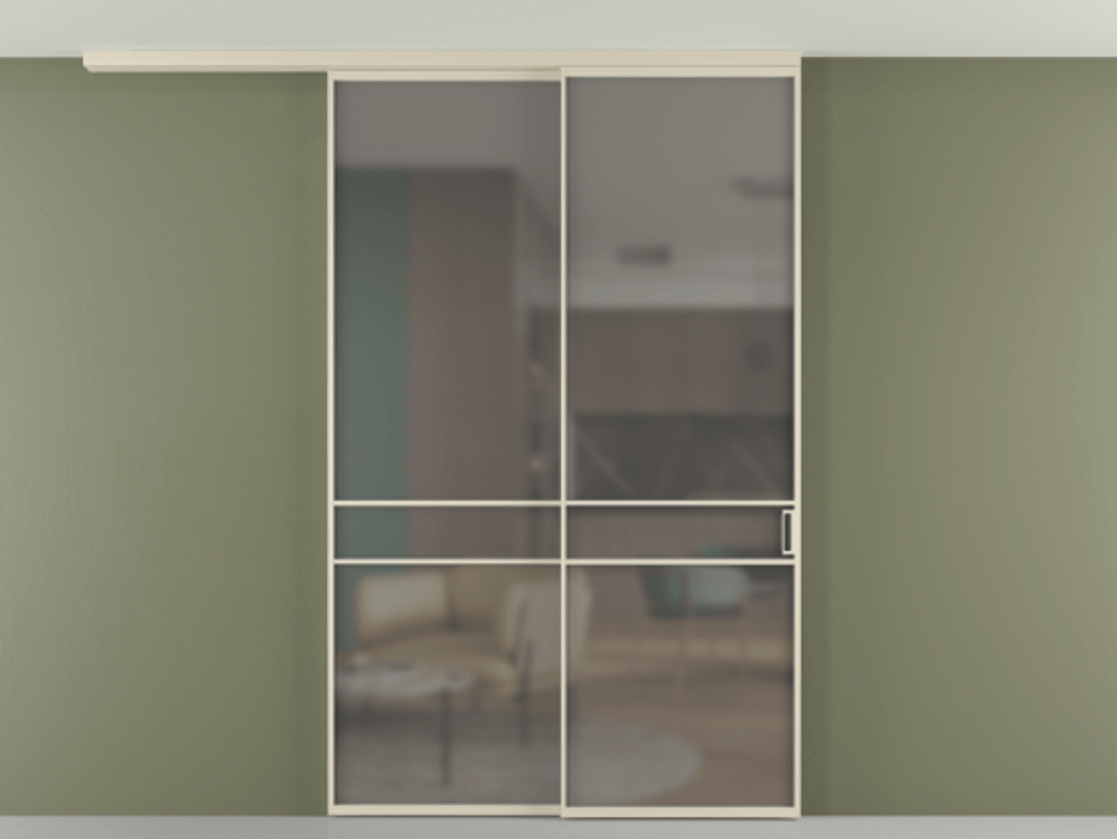 Перегородка Формато вдоль стены на потолок 2 створки с синхронным механизмом АЛПР 040.02 Алюминий бежево-серый Сатинированное серое стекло, триплекс Цена 277976 ₽ | Volhovec