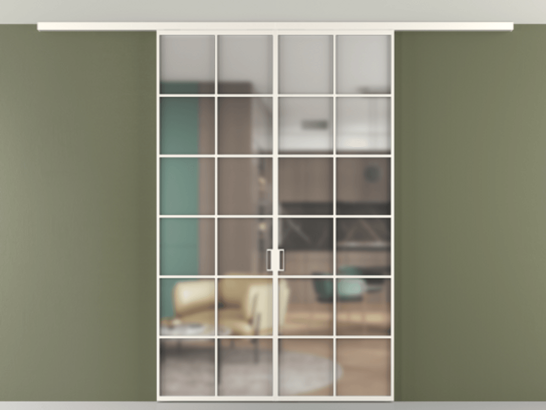 Перегородка Формато вдоль стены на потолок 2 створки АЛПР 040.05 Алюминий пудровый белый Сатинированное стекло "Мателюкс Кристал Вижн", калёное, матовое, каленое 6 мм Цена 221404 ₽ | Volhovec