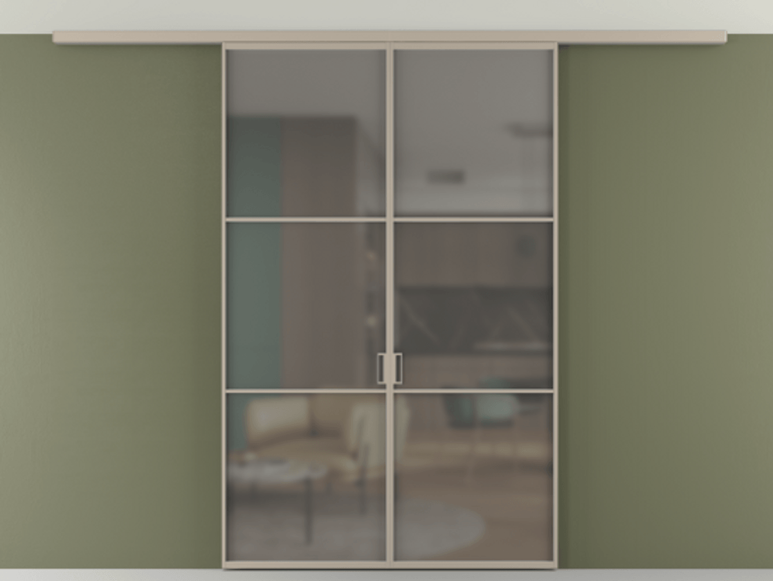 Перегородка Формато вдоль стены на потолок 2 створки АЛПР 040.03 Алюминий бисквитный Сатинированное серое стекло, триплекс Цена 194876 ₽ | Volhovec