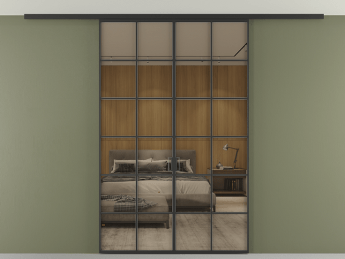 Перегородка Формато вдоль стены на потолок 2 створки АЛПР 040.05 Алюминий Черный Рефлективное бронзовое стекло "Стопсол", калёное Цена 213264 ₽ | Volhovec