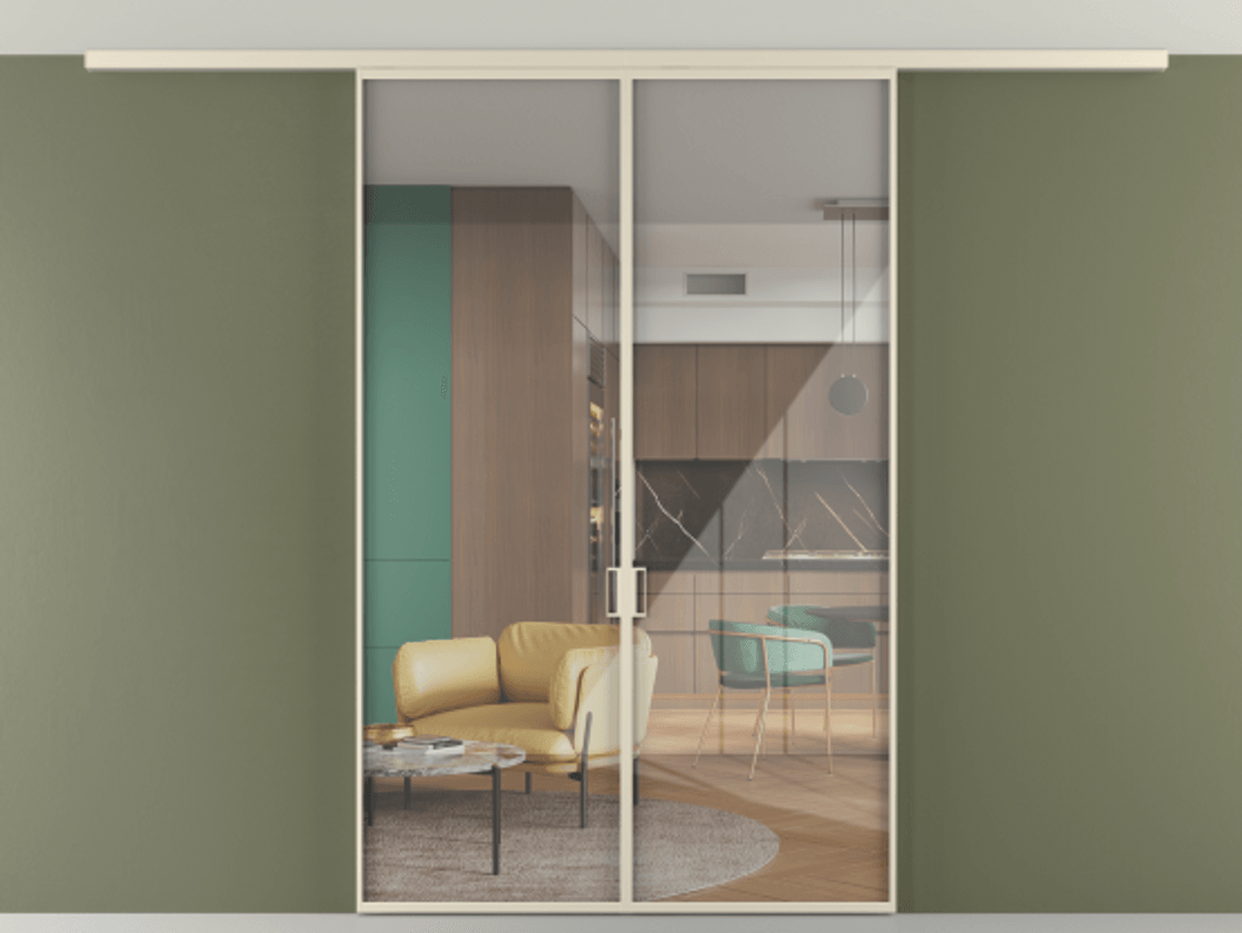 Перегородка Формато вдоль стены на потолок 2 створки АЛПР 040.01 Алюминий бежево-серый Рефлективное прозрачное стекло "Стопсол", калёное Цена 198172 ₽ | Volhovec