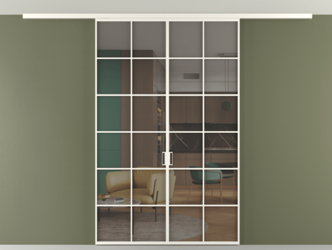 Перегородка Формато вдоль стены на потолок 2 створки АЛПР 040.05 Алюминий пудровый белый Прозрачное серое стекло, триплекс Цена 208604 ₽ | Volhovec