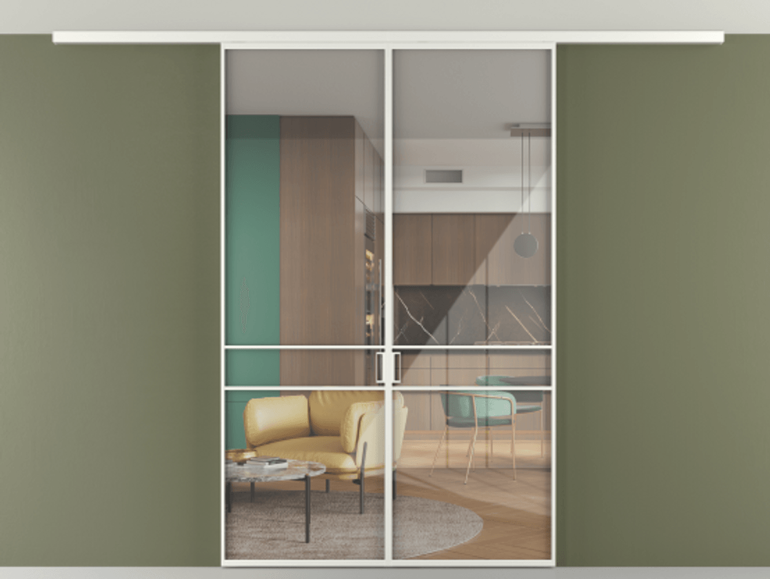 Перегородка Формато вдоль стены на потолок 2 створки АЛПР 040.02 Алюминий светло-серый Рефлективное прозрачное стекло "Стопсол", калёное Цена 207676 ₽ | Volhovec