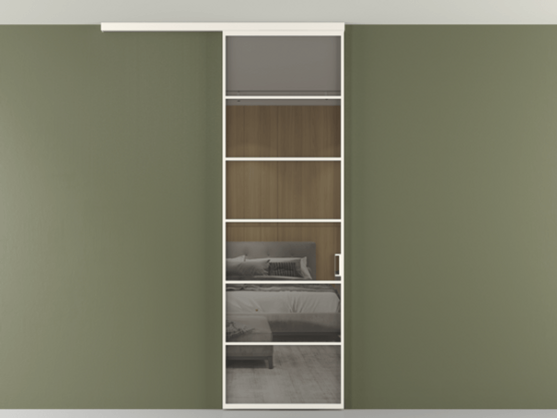 Перегородка Формато вдоль стены на потолок 1 створка АЛПР 040.04 Алюминий пудровый белый Рефлективное серое стекло "Стопсол", калёное Цена 114252 ₽ | Volhovec