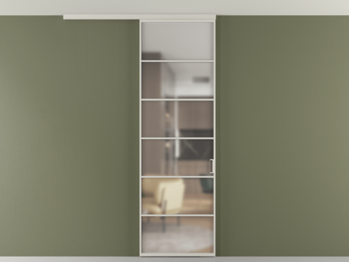 Перегородка Формато вдоль стены на потолок 1 створка АЛПР 040.04 Алюминий тёплый серый Сатинированное стекло "Мателюкс Кристал Вижн", калёное, матовое, каленое 6 мм Цена 114252 ₽ | Volhovec